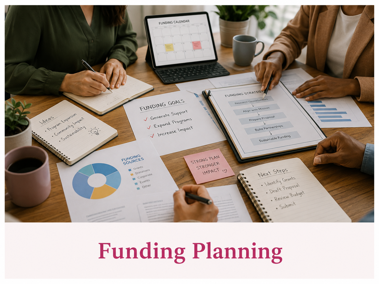Team planning funding goals with charts, notes, and a funding strategy worksheet
