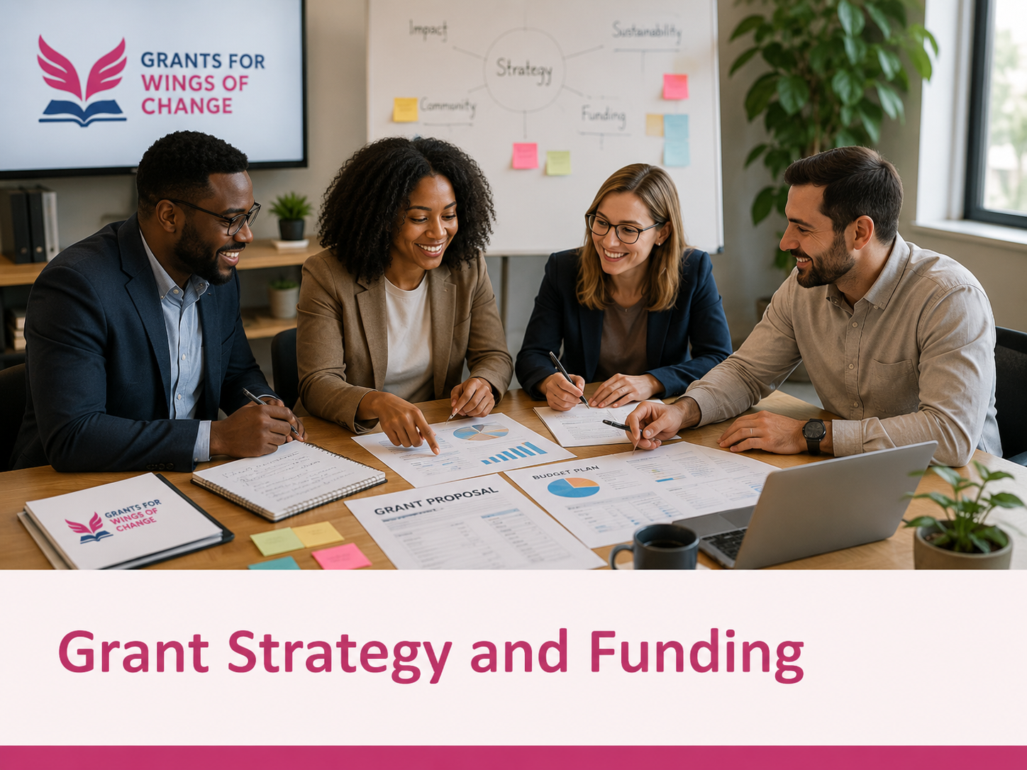 Grant strategy team reviewing proposal documents, budget charts, and funding plans