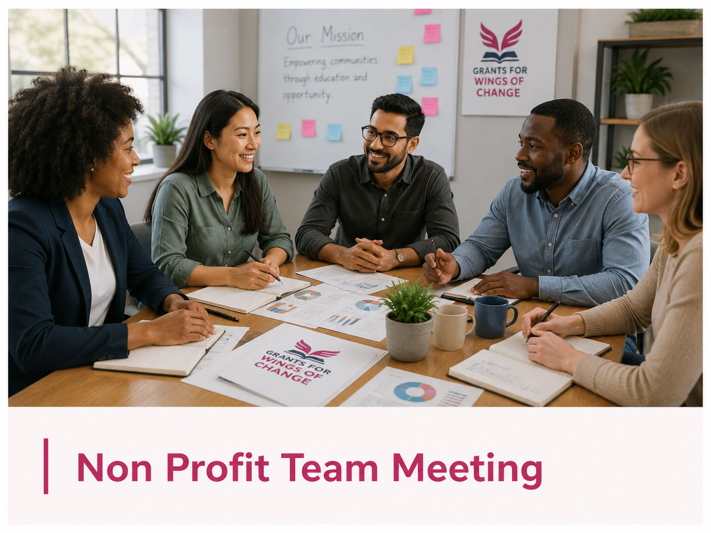 Nonprofit team meeting around a table to discuss funding strategy and program impact